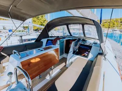 Cockpit of Sulaco, a Dufour 460 GL sailboat at Primošten, Croatia