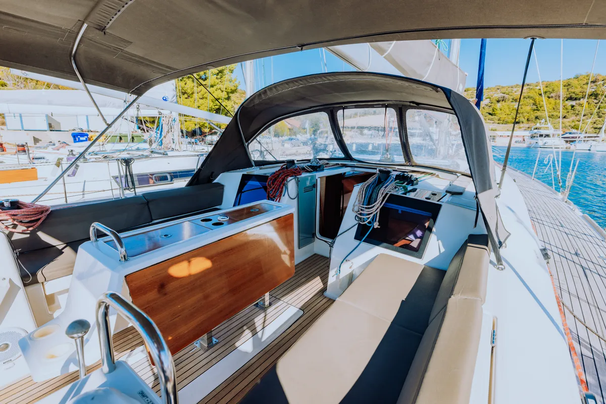 Cockpit of Sulaco, a Dufour 460 GL sailboat at Primošten, Croatia