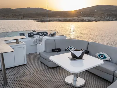 Deck of Shiva, a Cantieri di Pisa Akhir 27 motor yacht at Ornos, Greece