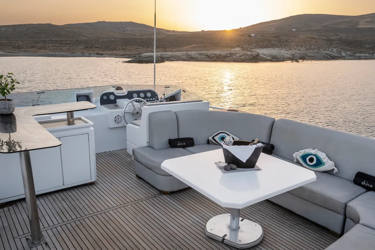 Deck of Shiva, a Cantieri di Pisa Akhir 27 motor yacht at Ornos, Greece