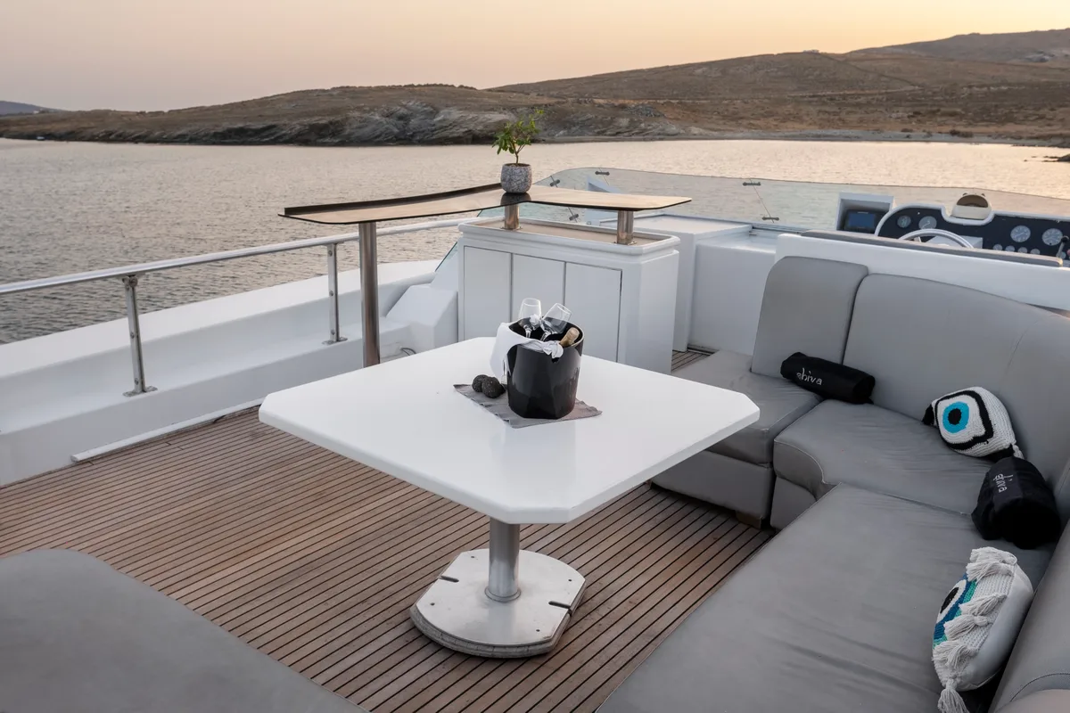 Deck of Shiva, a Cantieri di Pisa Akhir 27 motor yacht at Ornos, Greece