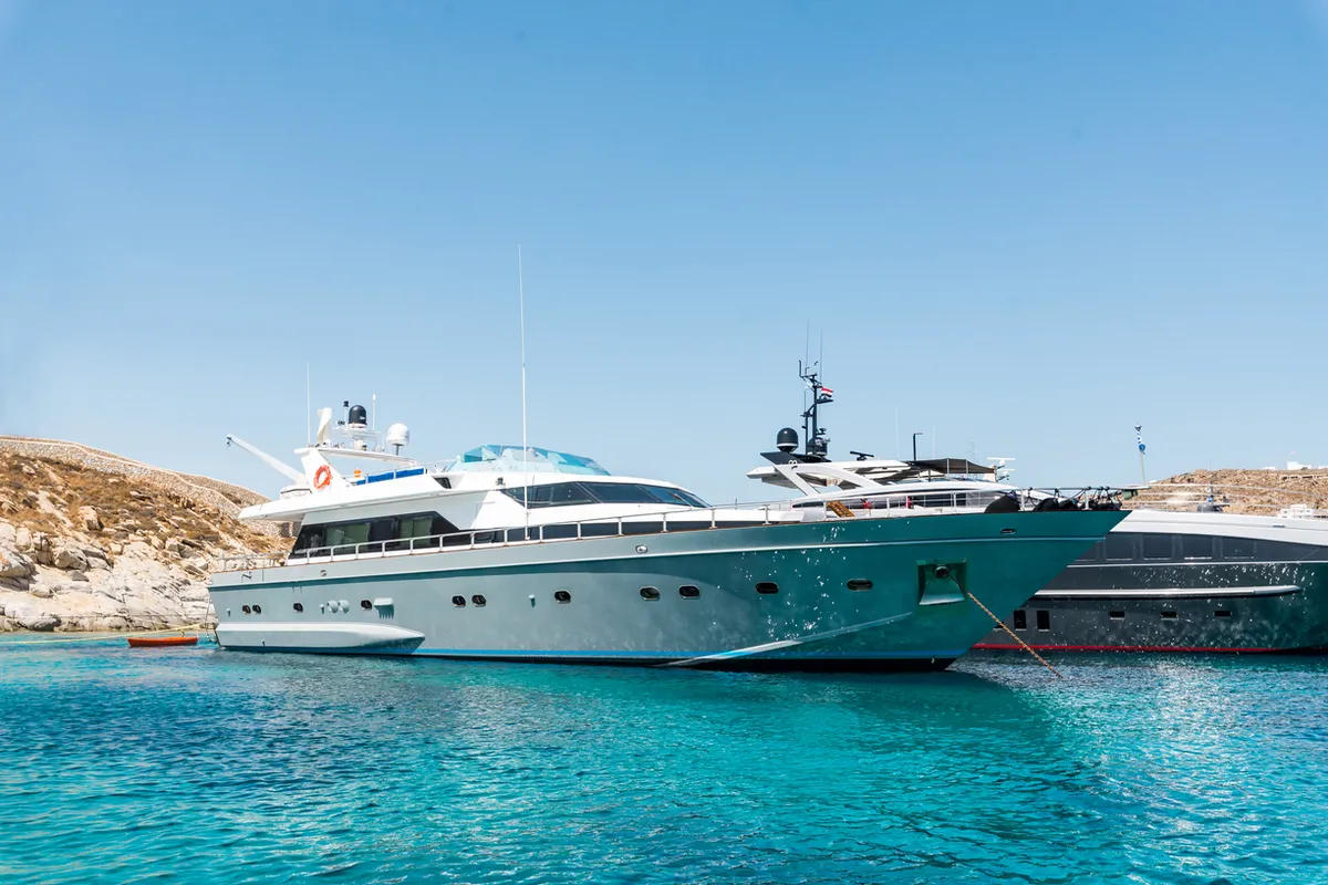 Exterior view of Shiva, a Cantieri di Pisa Akhir 27 motor yacht at Ornos, Greece