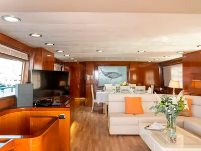 Salon of Shiva, a Cantieri di Pisa Akhir 27 motor yacht at Ornos, Greece