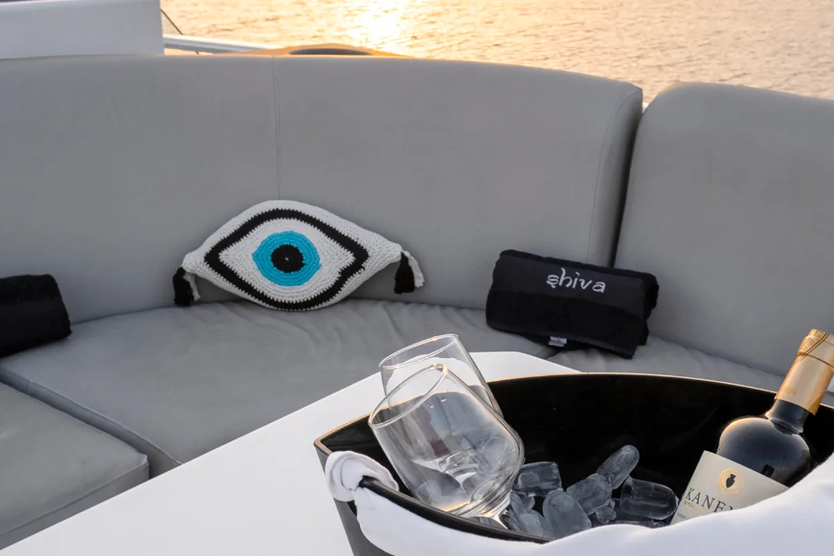 Deck of Shiva, a Cantieri di Pisa Akhir 27 motor yacht at Ornos, Greece