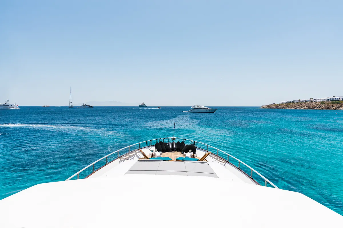 Deck of Shiva, a Cantieri di Pisa Akhir 27 motor yacht at Ornos, Greece