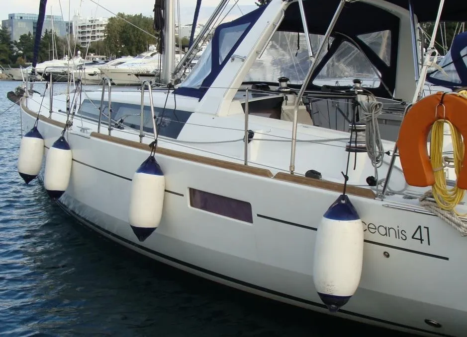 Exterior view of Ecstasea, a Beneteau Oceanis 41 sailboat at Athens, Greece