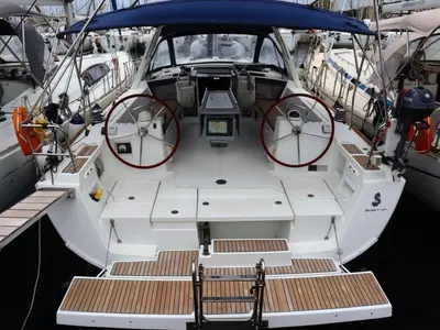 Cockpit of Ecstasea, a Beneteau Oceanis 41 sailboat at Athens, Greece