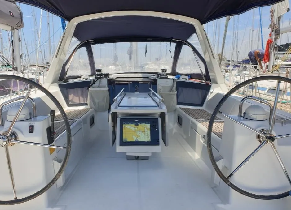 Cockpit of Ecstasea, a Beneteau Oceanis 41 sailboat at Athens, Greece