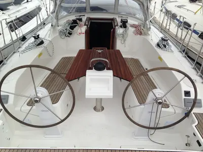 Cockpit of Alisahni, a Bavaria Cruiser 41 sailboat at Kos, Greece