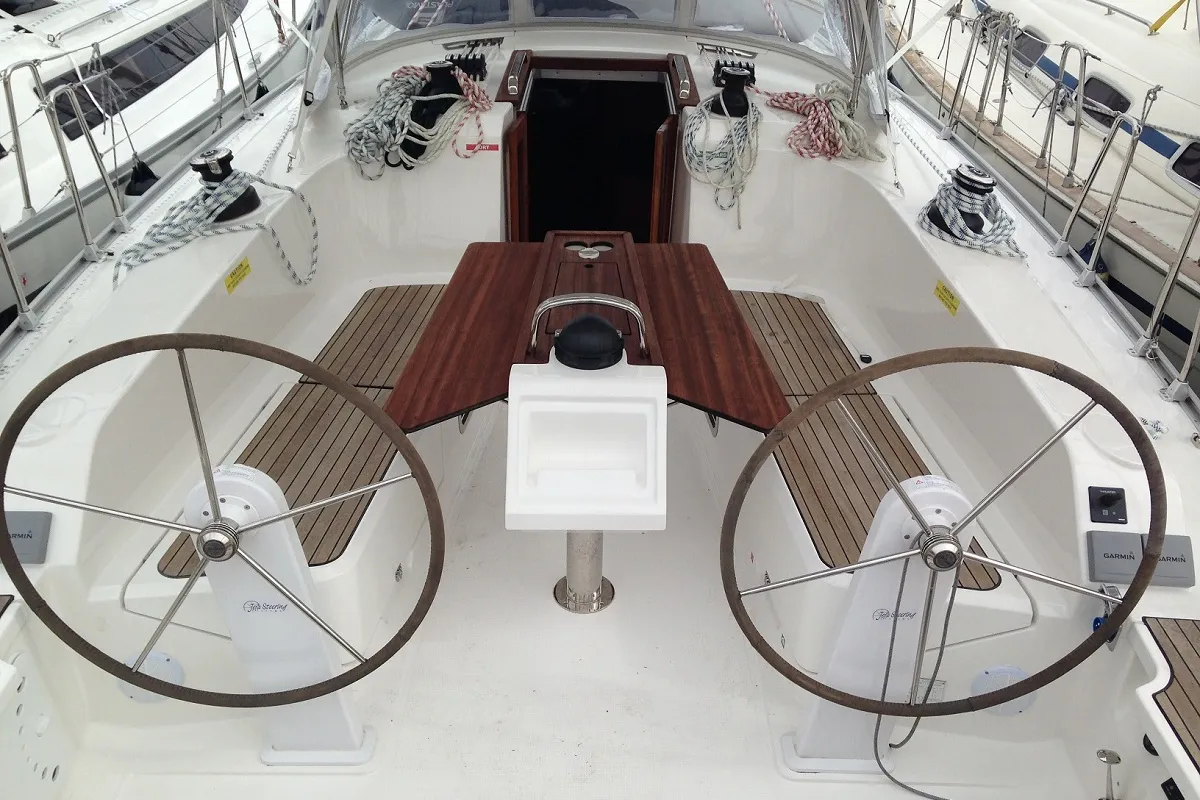 Cockpit of Alisahni, a Bavaria Cruiser 41 sailboat at Kos, Greece