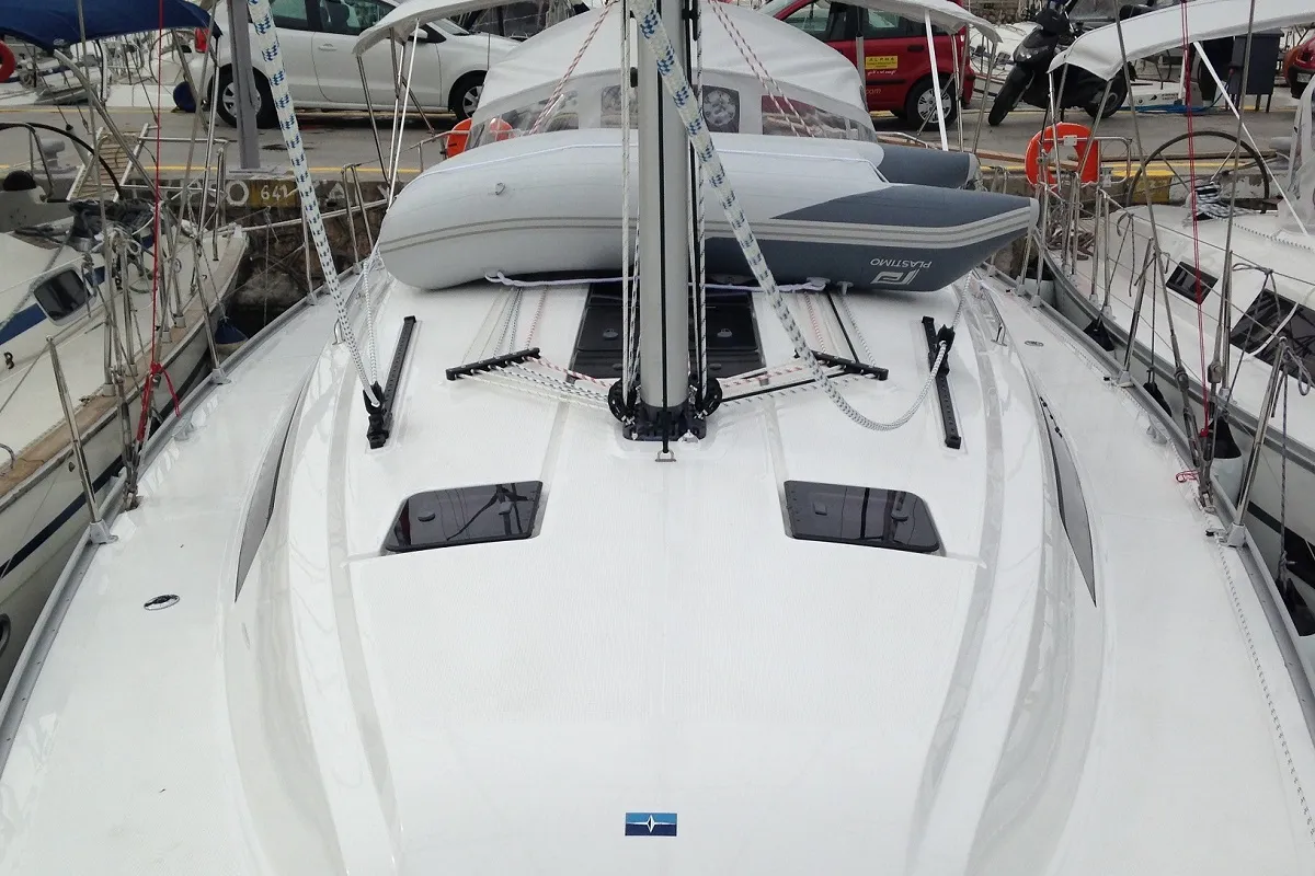 Deck of Alisahni, a Bavaria Cruiser 41 sailboat at Kos, Greece