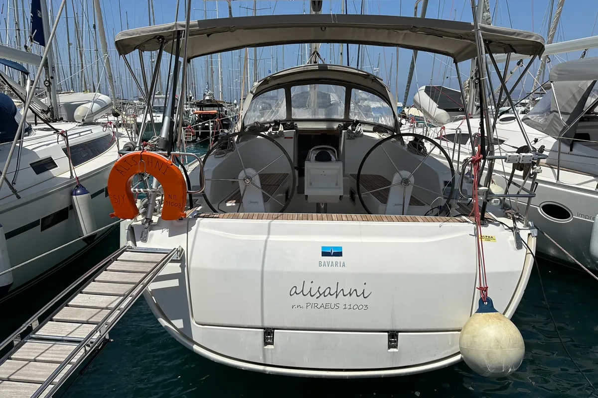 Exterior view of Alisahni, a Bavaria Cruiser 41 sailboat at Kos, Greece