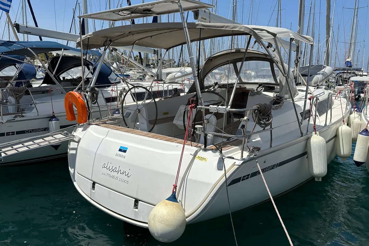 Exterior view of Alisahni, a Bavaria Cruiser 41 sailboat at Kos, Greece