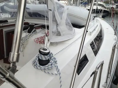 Deck of Alisahni, a Bavaria Cruiser 41 sailboat at Kos, Greece