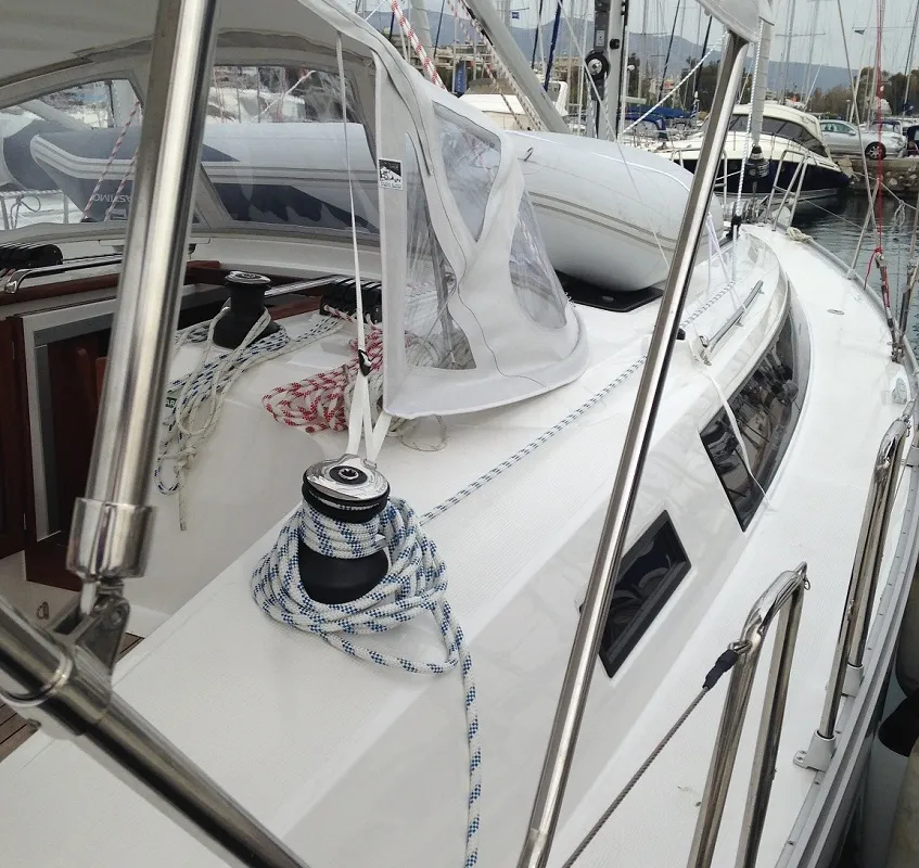 Deck of Alisahni, a Bavaria Cruiser 41 sailboat at Kos, Greece