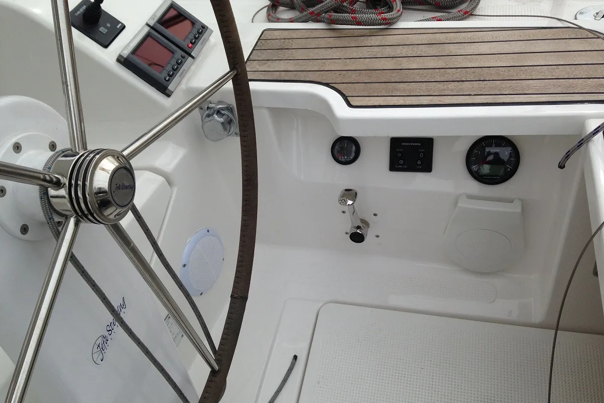Cockpit of Alisahni, a Bavaria Cruiser 41 sailboat at Kos, Greece
