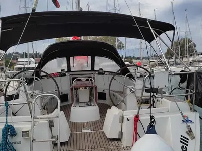 Cockpit of Miss Elli, a Jeanneau Sun Odyssey 44i sailboat at Kontokali, Greece