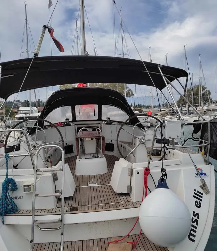 Cockpit of Miss Elli, a Jeanneau Sun Odyssey 44i sailboat at Kontokali, Greece