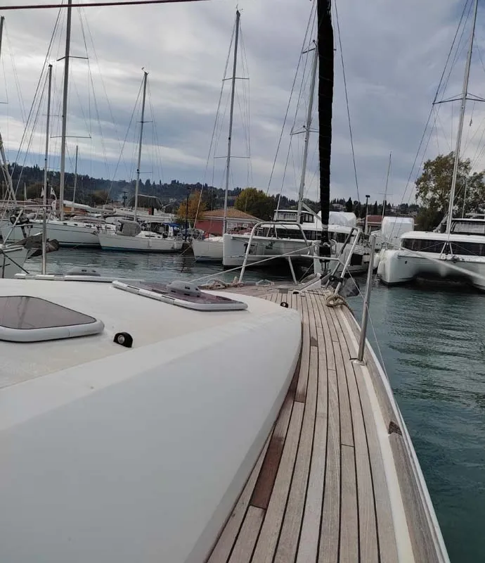 Deck of Miss Elli, a Jeanneau Sun Odyssey 44i sailboat at Kontokali, Greece