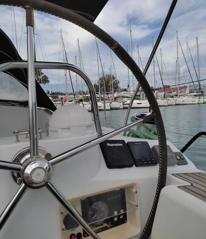 Cockpit of Miss Elli, a Jeanneau Sun Odyssey 44i sailboat at Kontokali, Greece