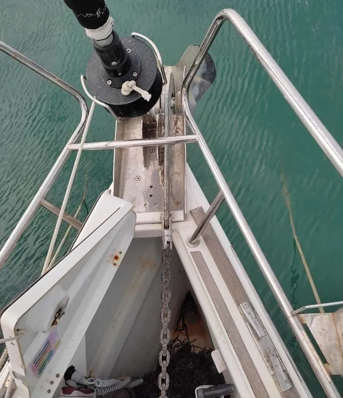 Deck of Miss Elli, a Jeanneau Sun Odyssey 44i sailboat at Kontokali, Greece