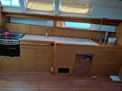 Galley of Miss Elli, a Jeanneau Sun Odyssey 44i sailboat at Kontokali, Greece