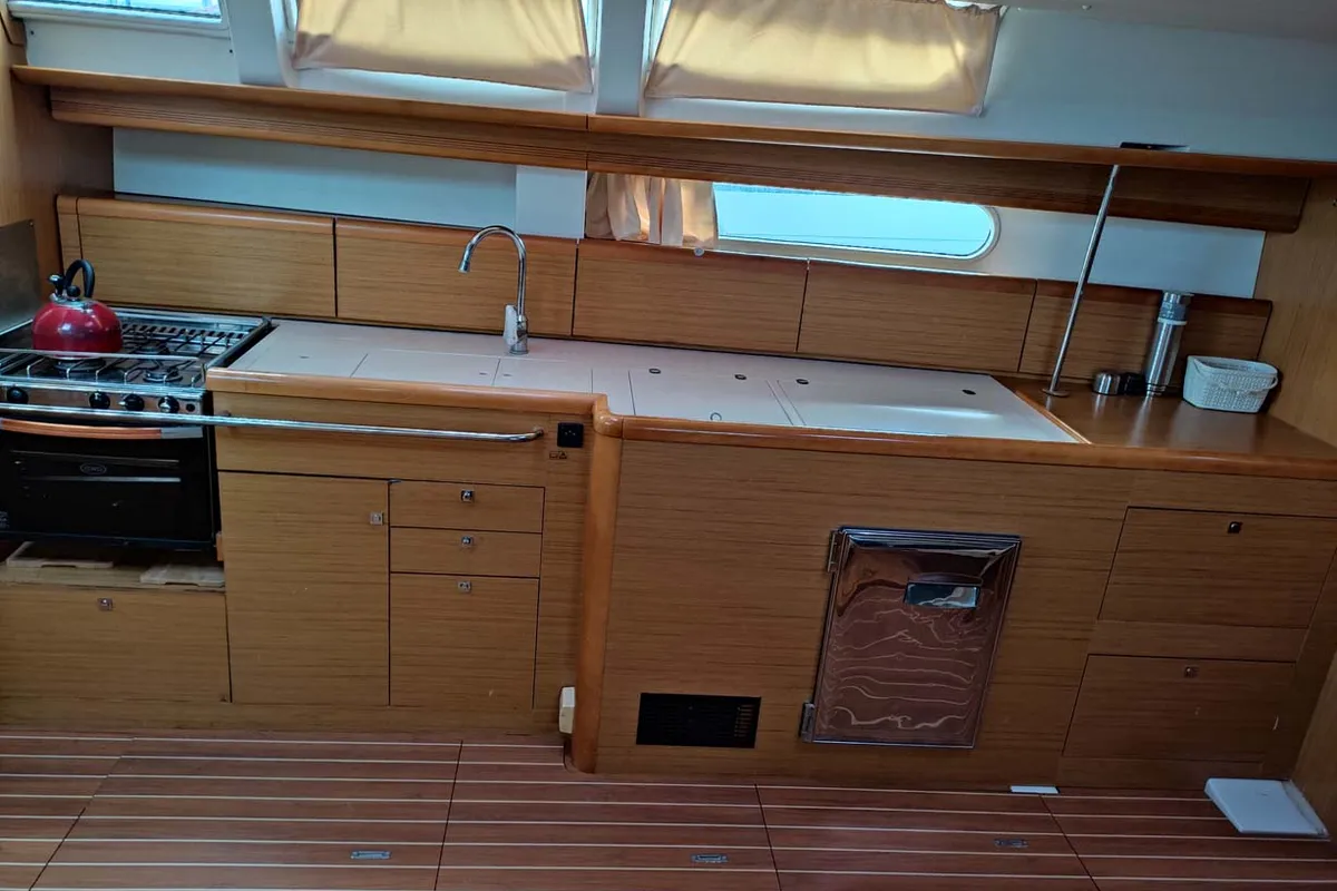 Galley of Miss Elli, a Jeanneau Sun Odyssey 44i sailboat at Kontokali, Greece