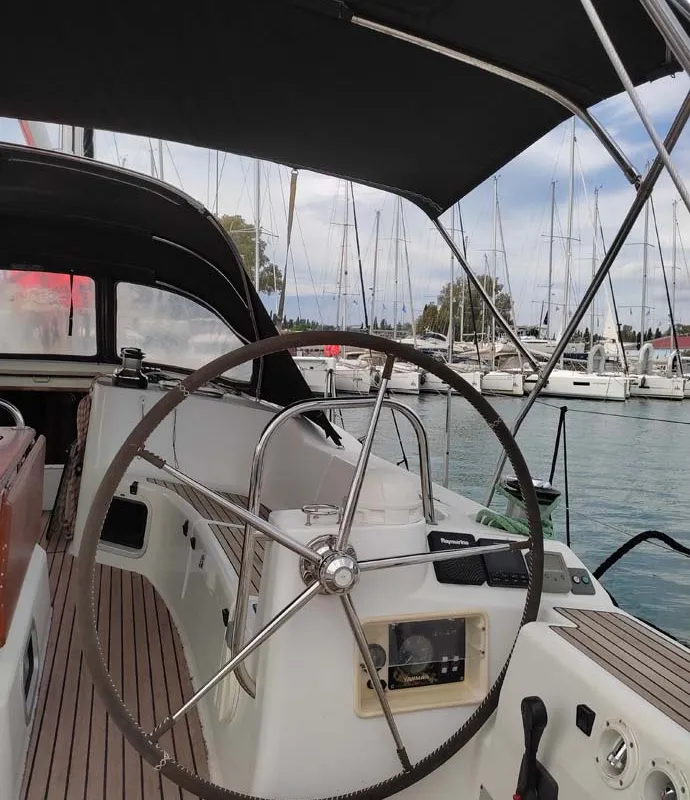 Cockpit of Miss Elli, a Jeanneau Sun Odyssey 44i sailboat at Kontokali, Greece