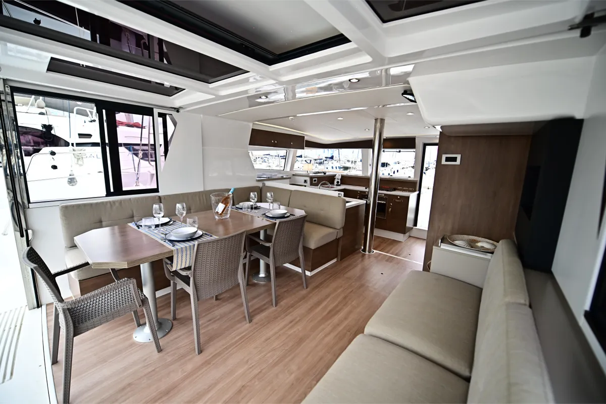 Deck of Mamma Mia, a Bali 4.2 catamaran at Salerno, Italy