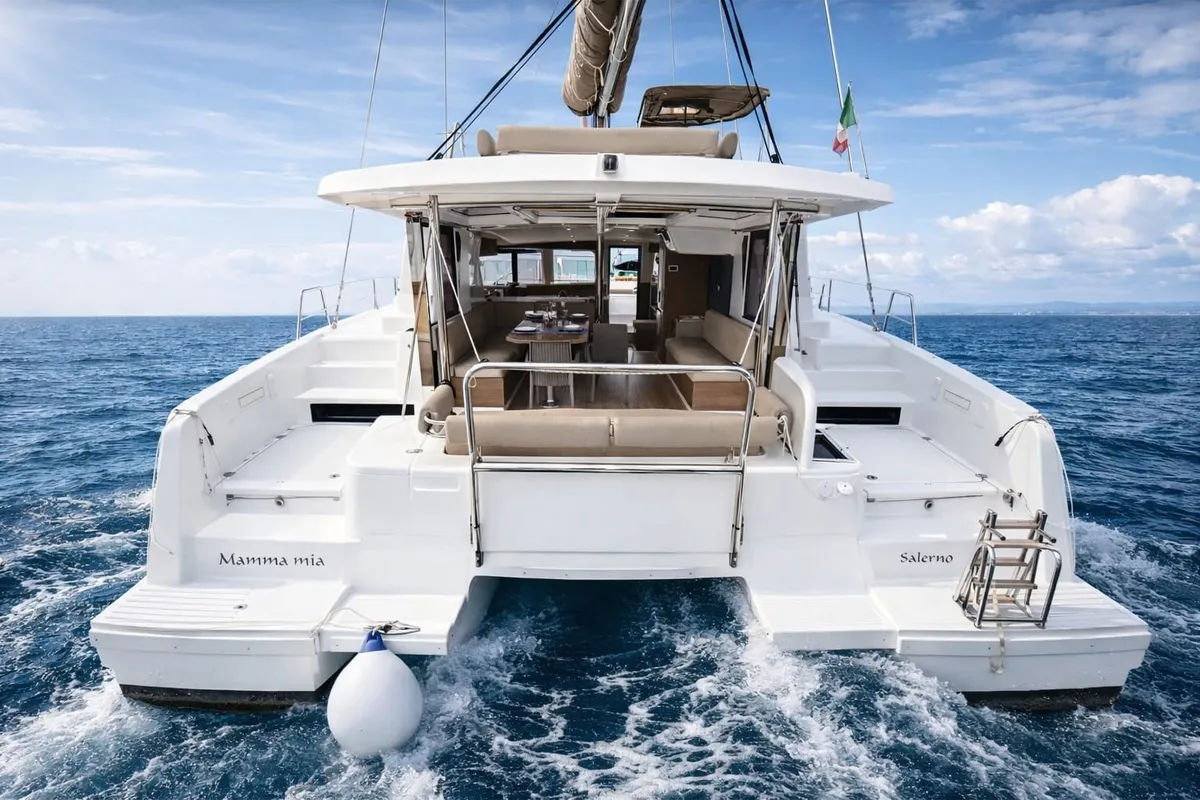 Exterior view of Mamma Mia, a Bali 4.2 catamaran at Salerno, Italy