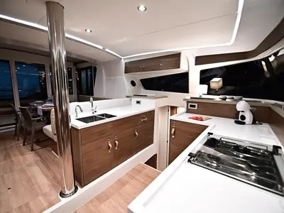 Galley of Mamma Mia, a Bali 4.2 catamaran at Salerno, Italy