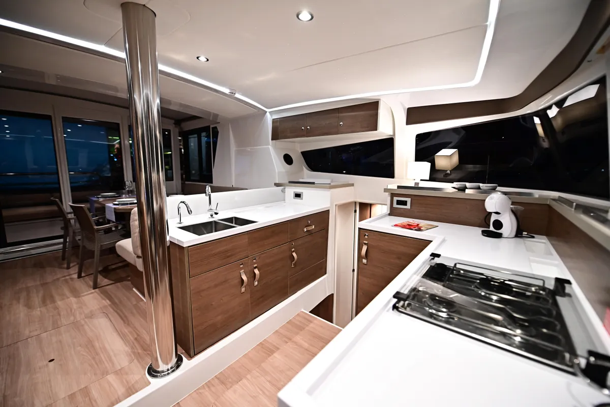 Galley of Mamma Mia, a Bali 4.2 catamaran at Salerno, Italy