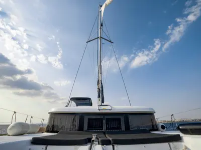 Deck of il Vento, a Lagoon 40 catamaran at Kontokali, Greece