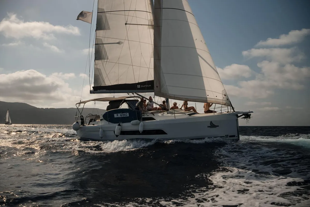 Exterior view of Tormenta, a Dufour 37 sailboat at Castellammare del Golfo, Italy