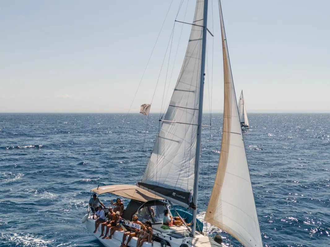 Exterior view of Tormenta, a Dufour 37 sailboat at Castellammare del Golfo, Italy