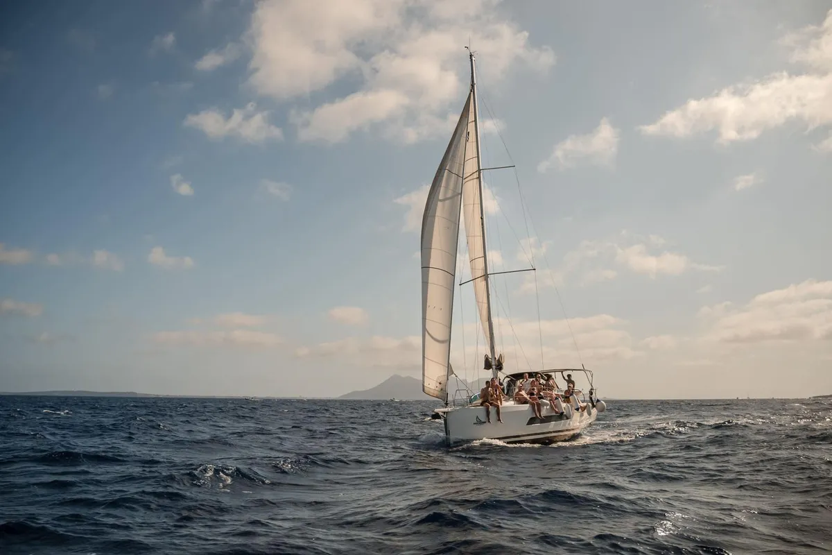Exterior view of Tormenta, a Dufour 37 sailboat at Castellammare del Golfo, Italy