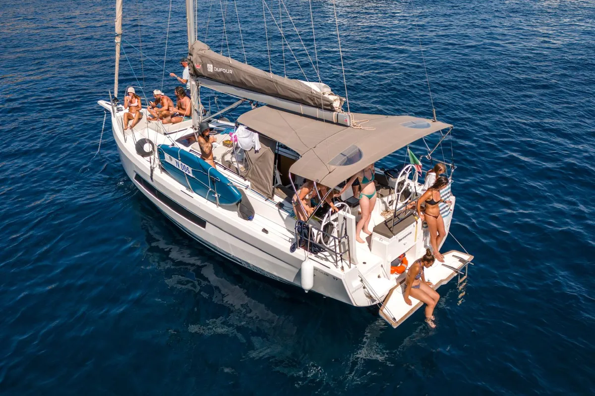Exterior view of Tormenta, a Dufour 37 sailboat at Castellammare del Golfo, Italy
