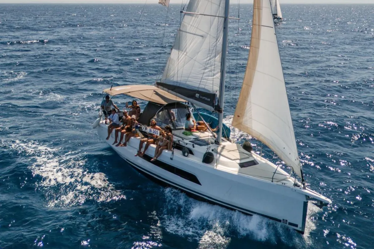 Exterior view of Tormenta, a Dufour 37 sailboat at Castellammare del Golfo, Italy