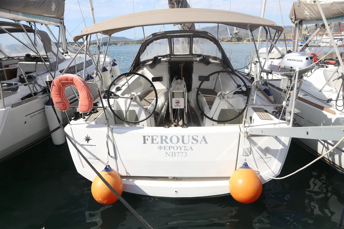 Exterior view of Ferousa, a Jeanneau Sun Odyssey 349 sailboat at Volos, Greece