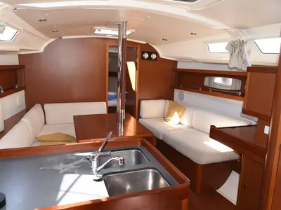 Salon of Galene, a Beneteau Oceanis 37 sailboat at Loutraki, Greece