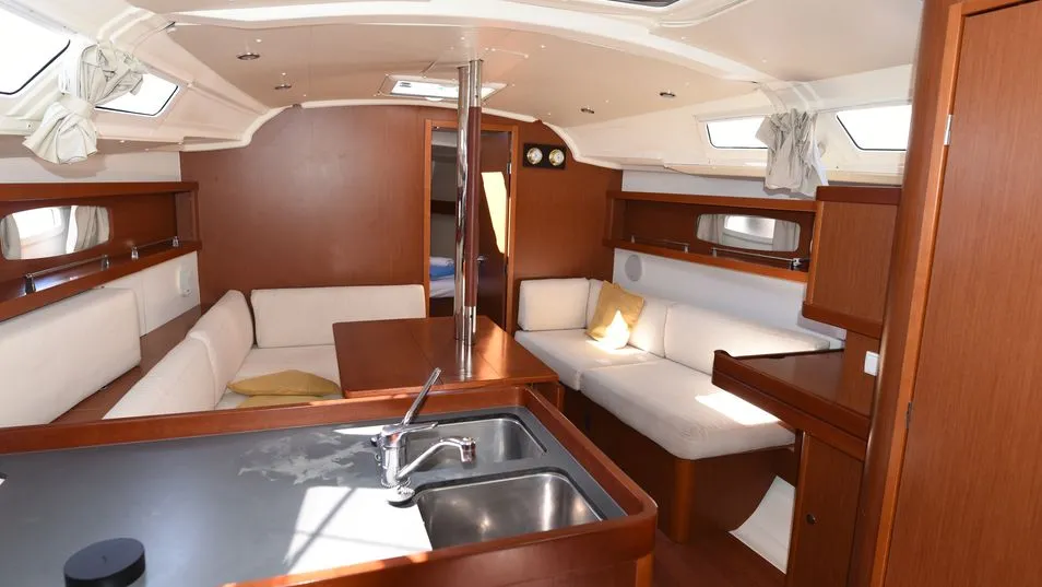 Salon of Galene, a Beneteau Oceanis 37 sailboat at Loutraki, Greece