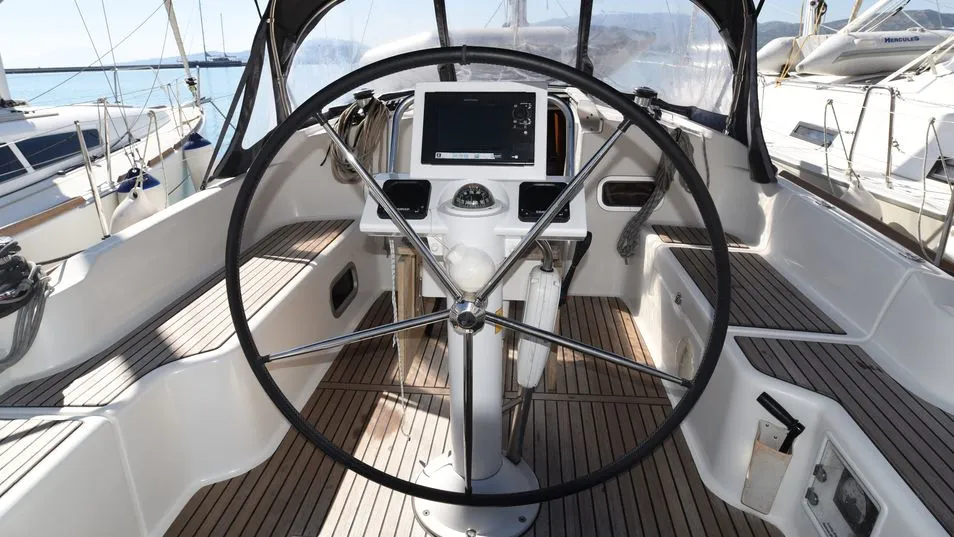 Cockpit of Galene, a Beneteau Oceanis 37 sailboat at Loutraki, Greece