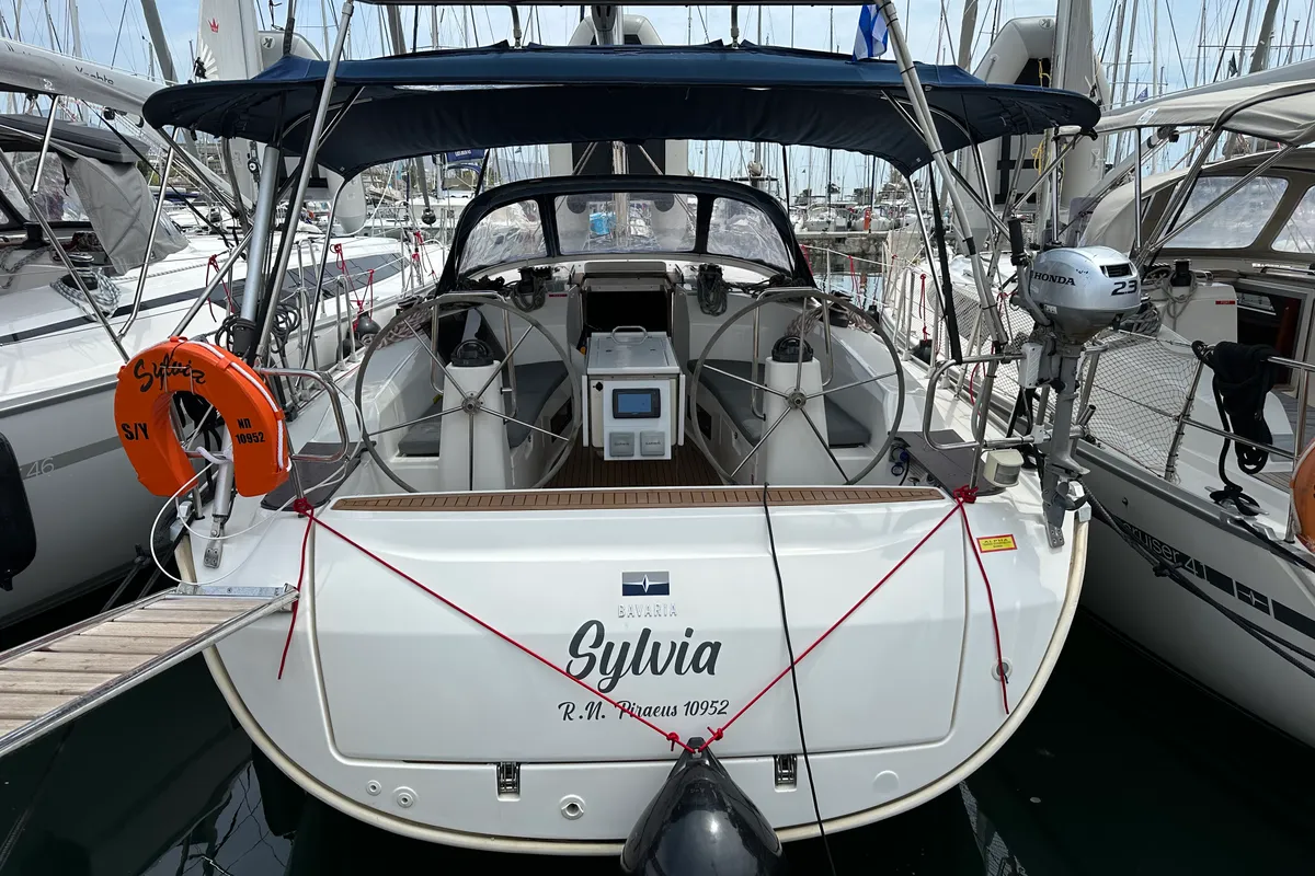 Exterior view of Sylvia, a Bavaria Cruiser 40 sailboat at Preveza, Greece