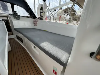 Deck of Sylvia, a Bavaria Cruiser 40 sailboat at Preveza, Greece