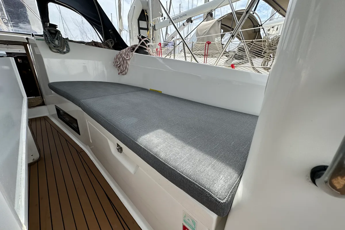 Deck of Sylvia, a Bavaria Cruiser 40 sailboat at Preveza, Greece