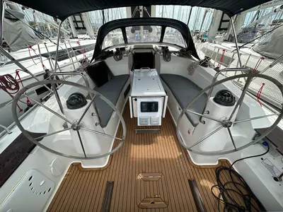 Cockpit of Sylvia, a Bavaria Cruiser 40 sailboat at Preveza, Greece