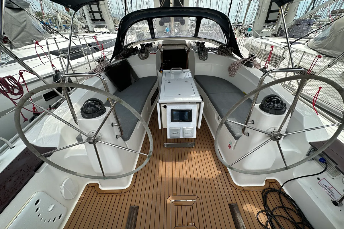 Cockpit of Sylvia, a Bavaria Cruiser 40 sailboat at Preveza, Greece