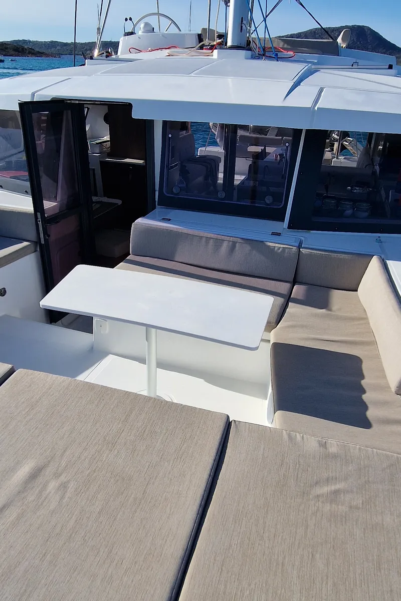 Deck of Fabster19, a Bali 4.2 catamaran at Figari/Golfo Aranci, Italy