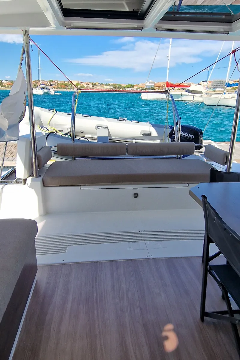Deck of Fabster19, a Bali 4.2 catamaran at Figari/Golfo Aranci, Italy