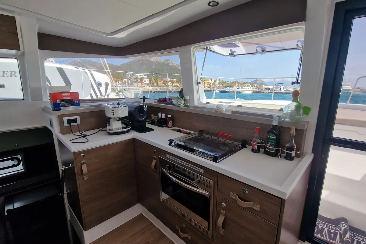 Galley of Fabster19, a Bali 4.2 catamaran at Figari/Golfo Aranci, Italy